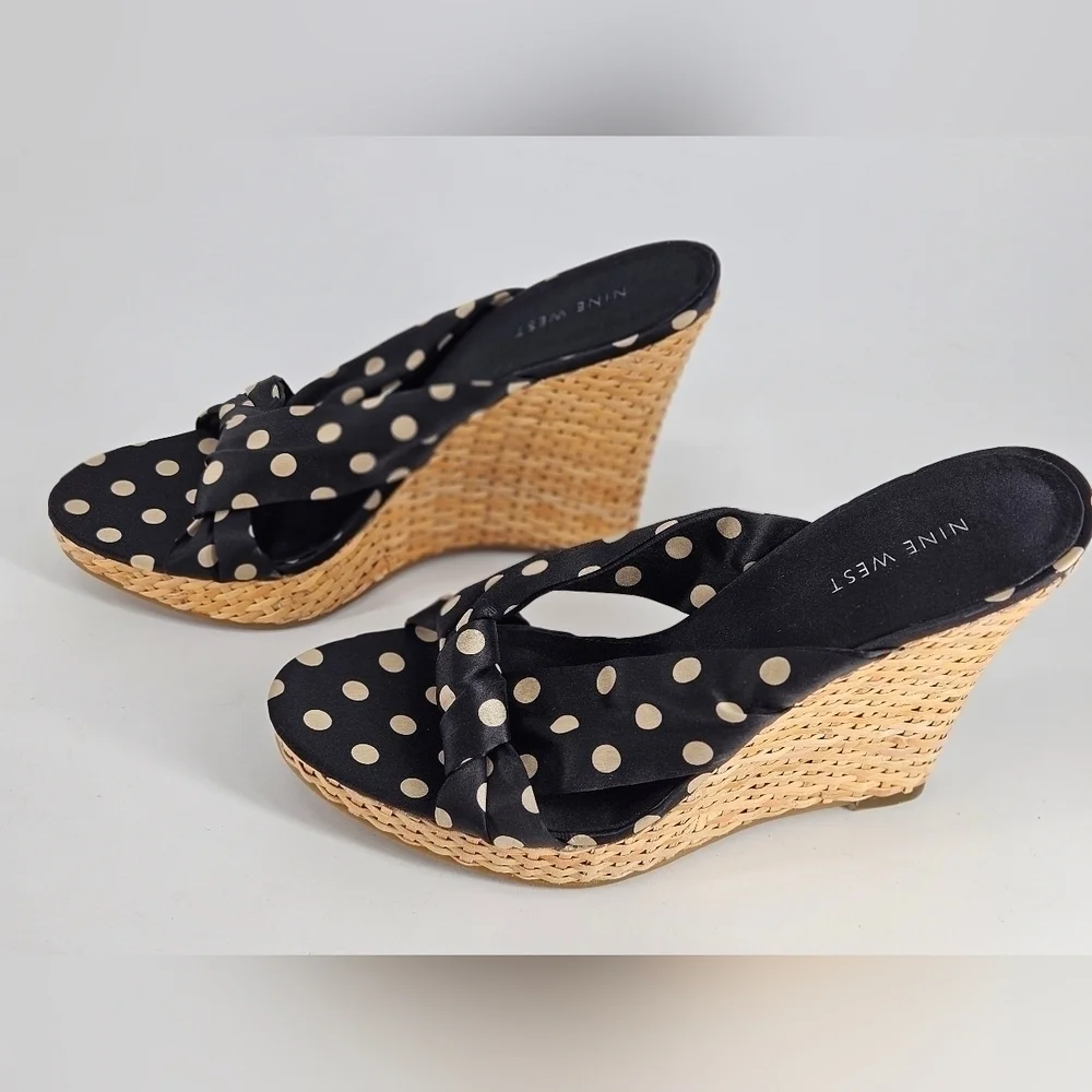NEW Nine West Women's HARPEL Black & Tan DOTS Platform Wedge Sandal Size 7.5 M